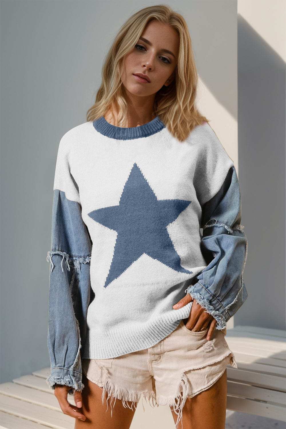 Double Take Full Size Star Pattern Raw Edge Long Sleeve Sweater - Trendsi - Flyclothing LLC