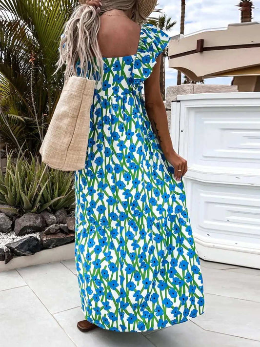 Ruffled Printed Cap Sleeve Midi Dress - Trendsi - Flyclothing LLC