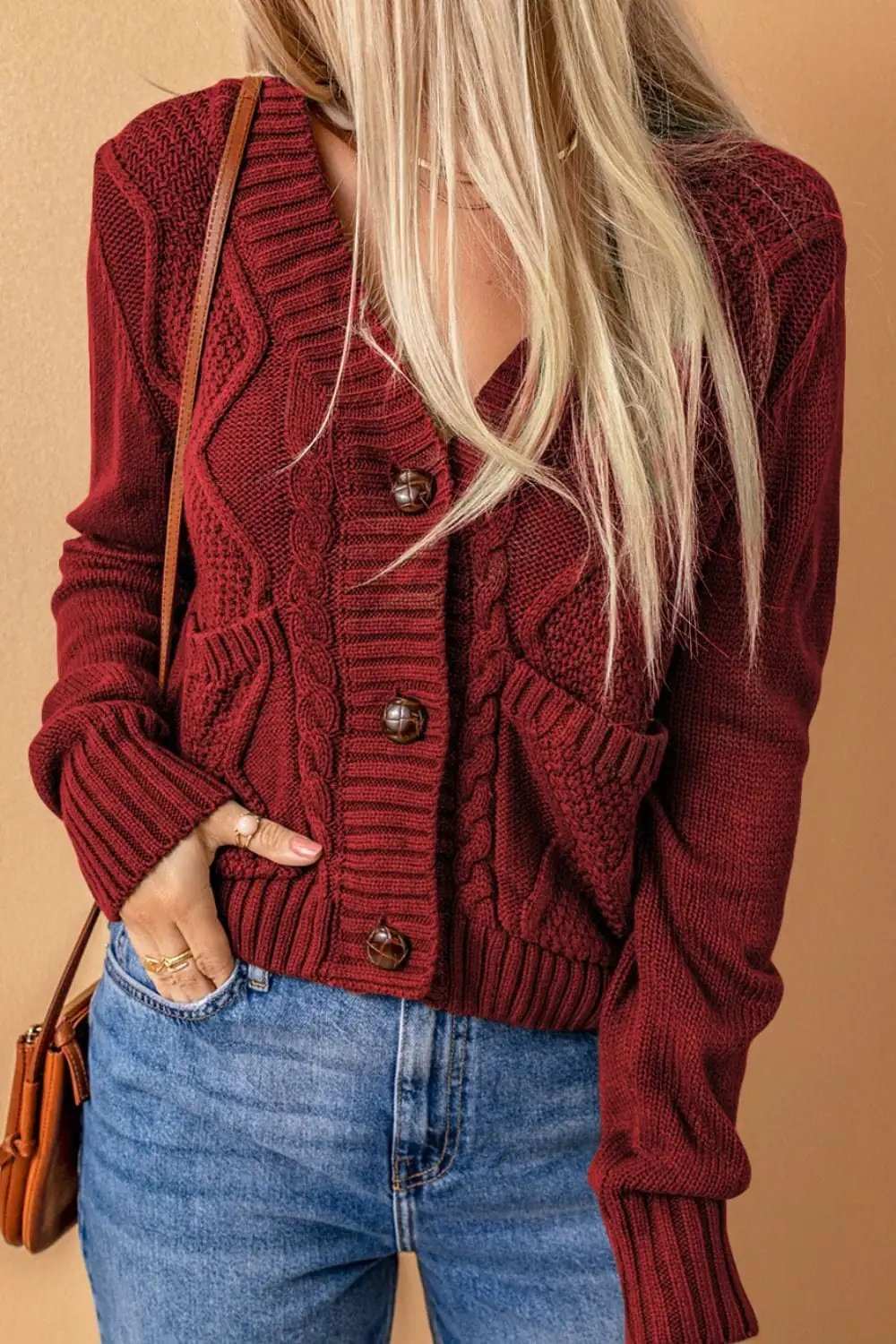 Cable-Knit Button Down V-Neck Cardigan - Trendsi - Flyclothing LLC