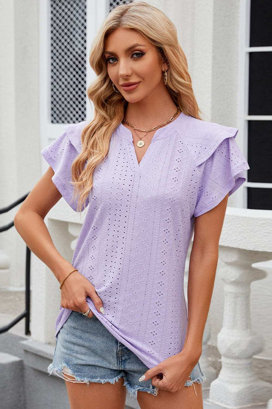 Eyelet Notched Flutter Sleeve T-Shirt - Trendsi - Flyclothing LLC