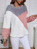 Color Block Fuzzy Knit Sweatshirt - Trendsi - Flyclothing LLC