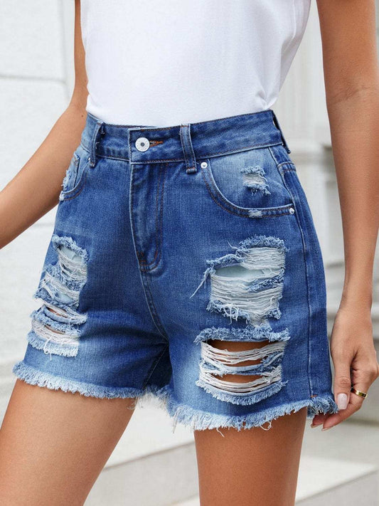 Distressed Raw Hem Denim Shorts - Trendsi - Flyclothing LLC