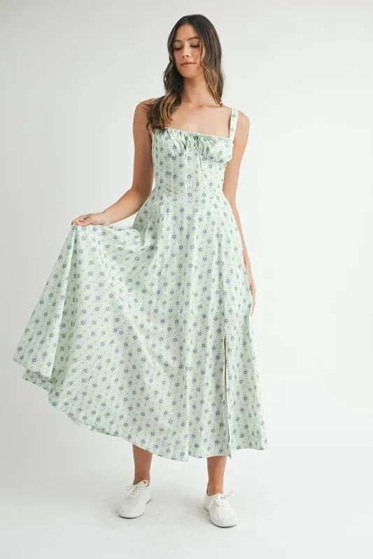 MABLE Floral Print Bustier Back Lace Up Midi Dress - Trendsi - Flyclothing LLC