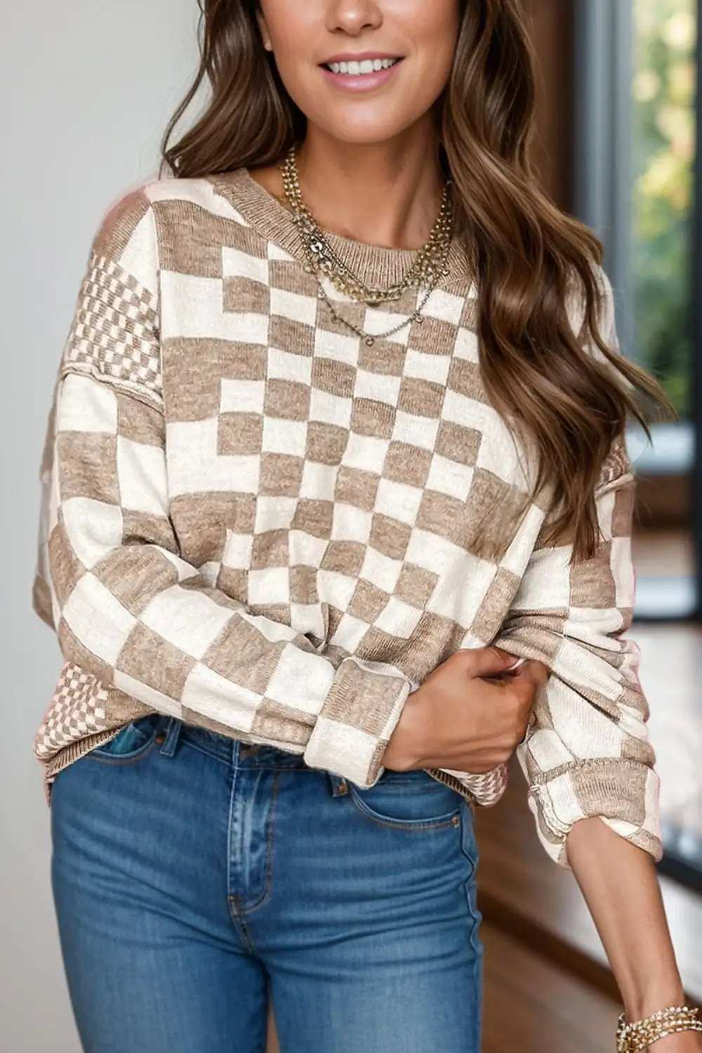 Checkered Round Neck Long Sleeve Sweater - Trendsi - Flyclothing LLC
