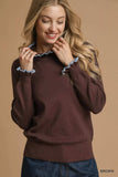Umgee Ribbed Round Neck Sweater with Ruffle Contrast Trim - Trendsi - Flyclothing LLC