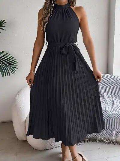 Pleated Tie Waist Sleeveless Midi Dress - Trendsi - Flyclothing LLC