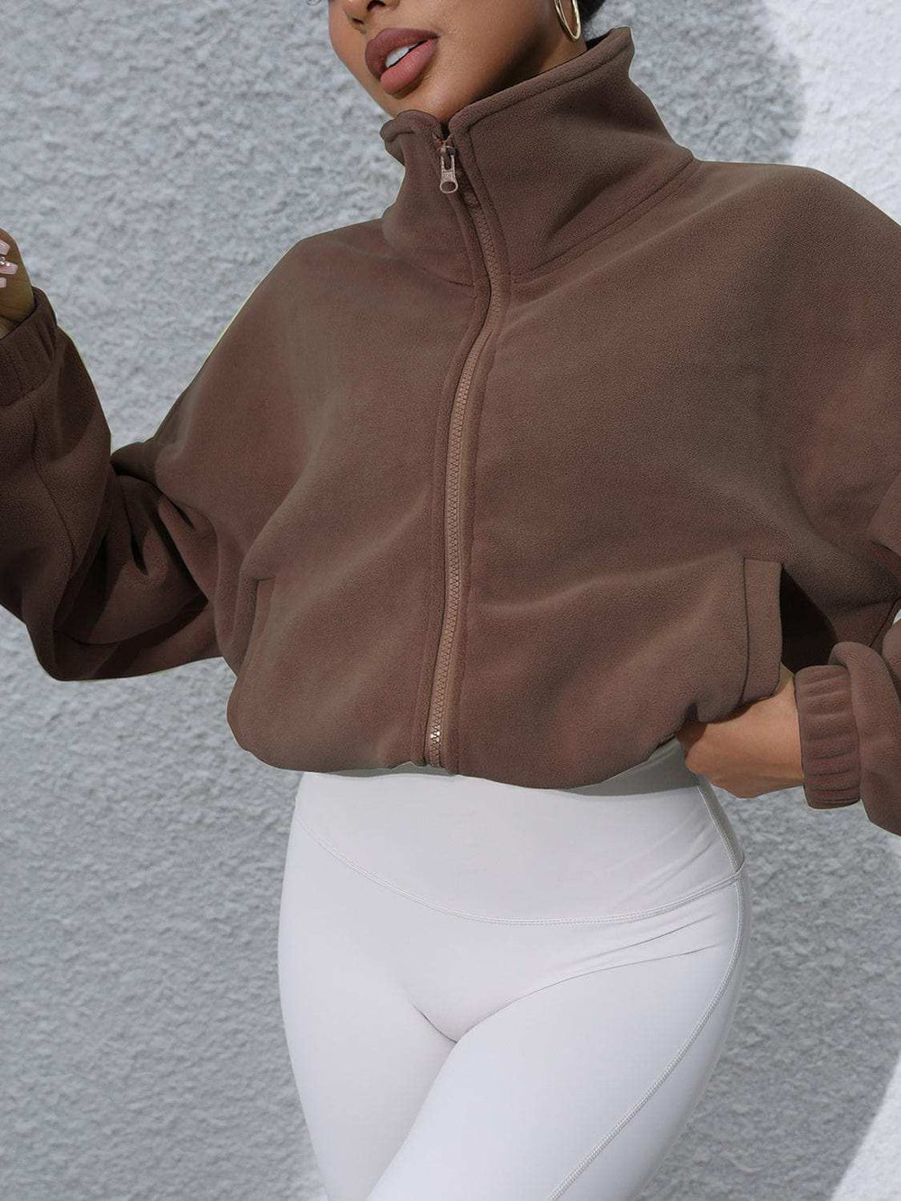 Drawstring Turtleneck Zip Up Long Sleeve Jacket - Trendsi - Flyclothing LLC