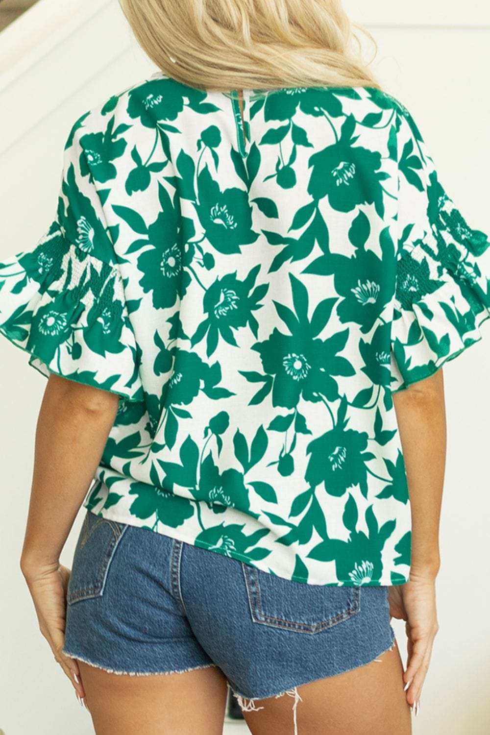 Floral Print Ruffled Short Sleeve Round Neck Loose Blouse - Trendsi - Flyclothing LLC