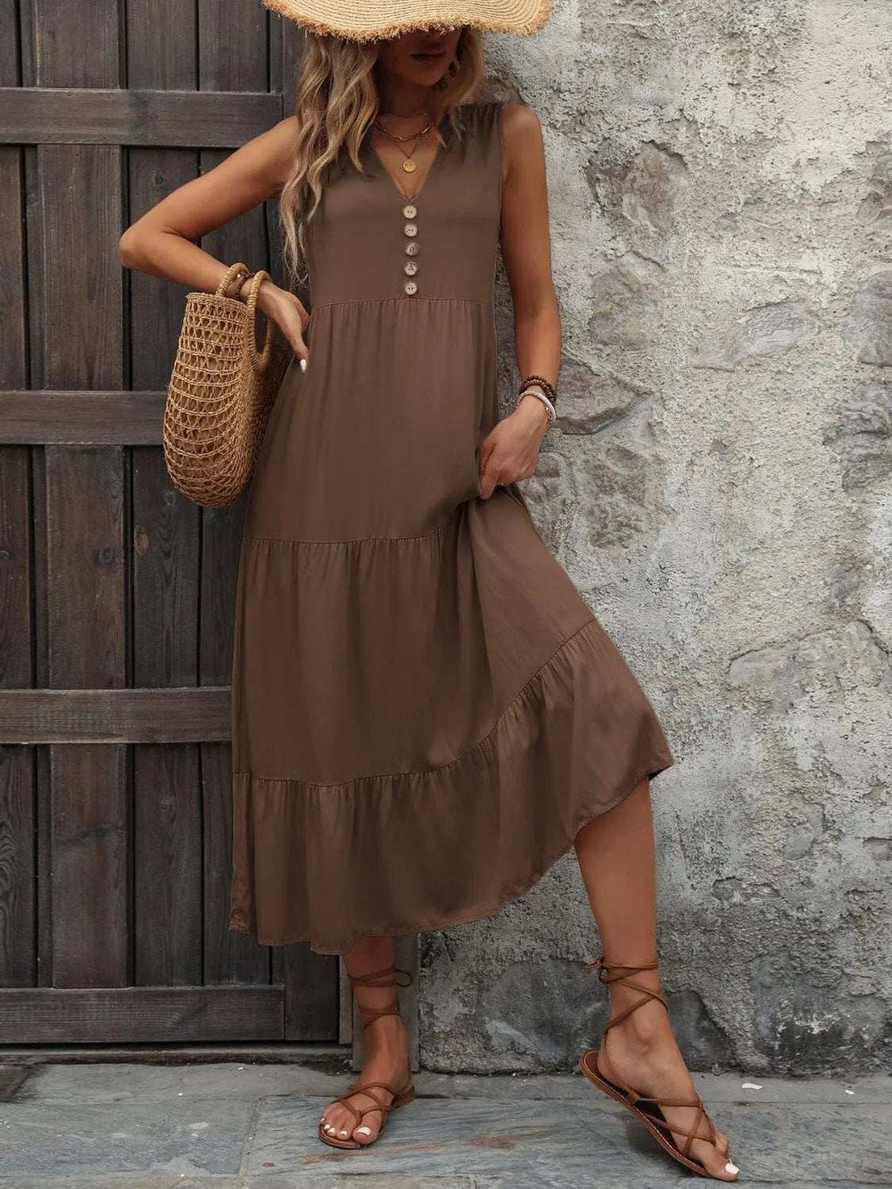 Decorative Button Notched Sleeveless Dress - Trendsi - Flyclothing LLC