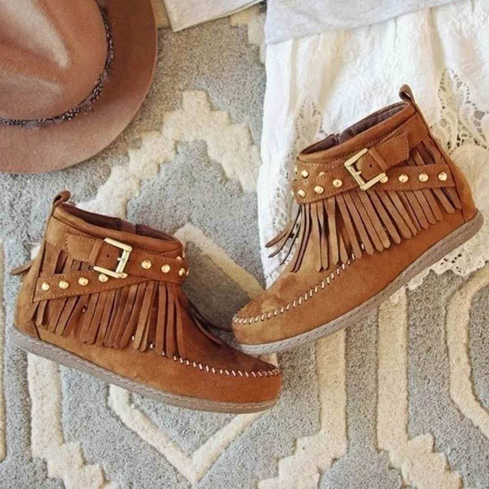 Fringe Studded Suede Flat Boots - Trendsi - Flyclothing LLC