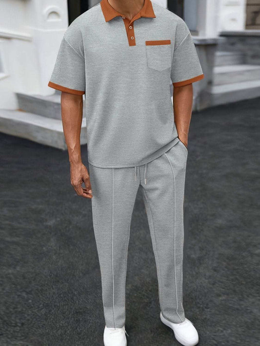 Men's Full Size Waffle-Knit Contrast Polo and Pants Set Plus Size - Trendsi - Flyclothing LLC