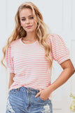 Stripe Textured Puff Sleeve Crewneck Top - Trendsi - Flyclothing LLC