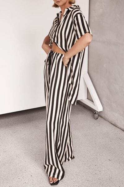 Striped Collared Neck Half Sleeve Top and Pants Set - Trendsi - Flyclothing LLC