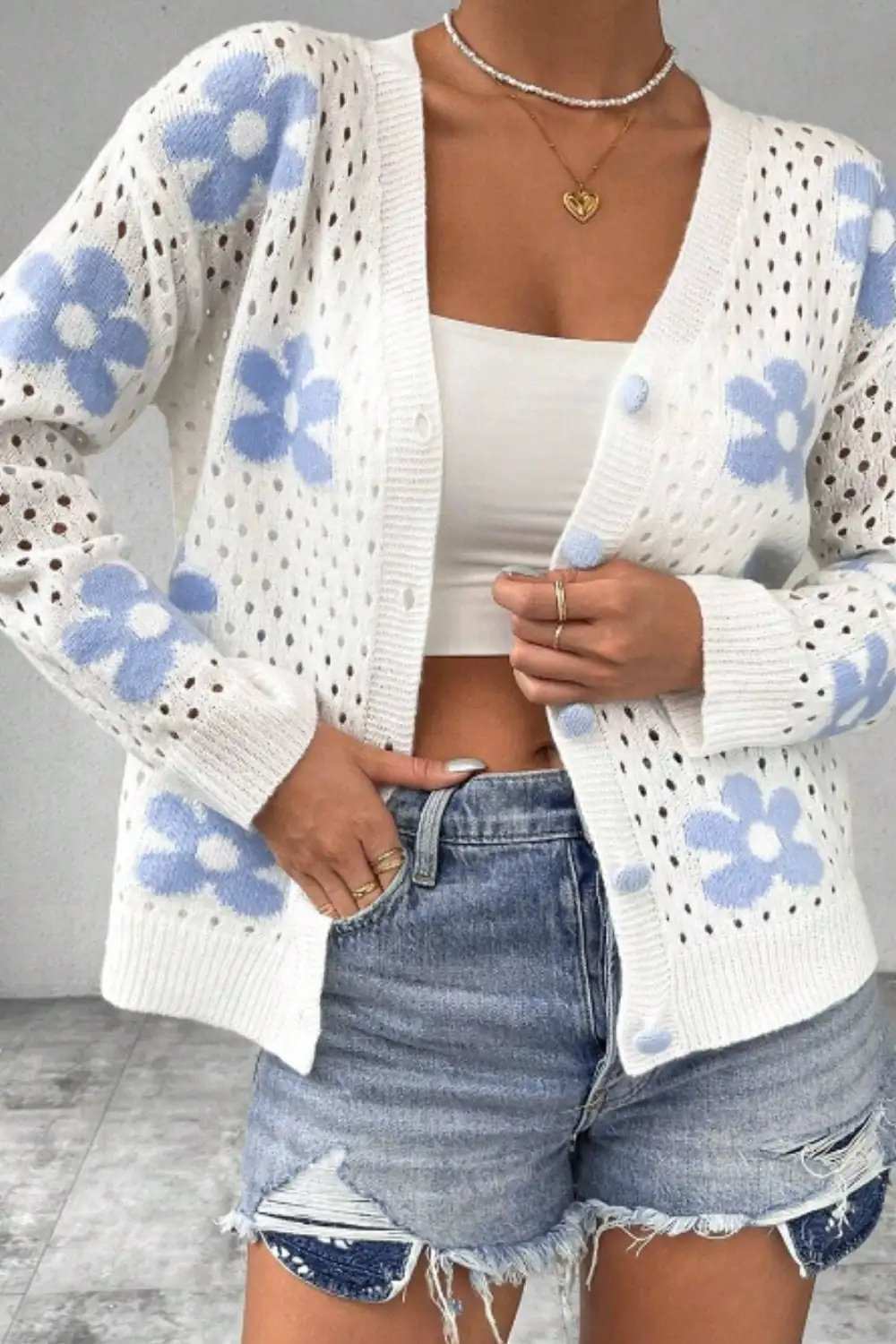 Flower Hollowed Out Button Down Long Sleeve Cardigan - Trendsi - Flyclothing LLC