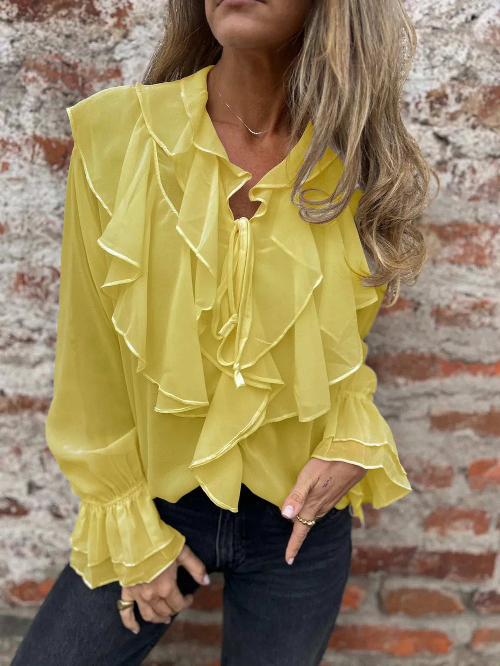 Ruffled Tie Front Flounce Sleeve Blouse - Trendsi - Flyclothing LLC