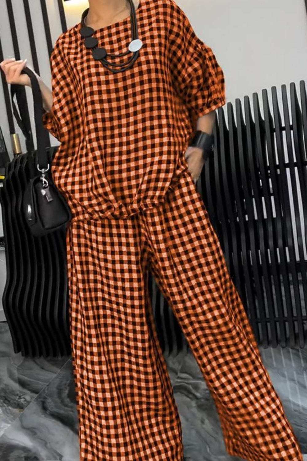 Full Size Plaid Round Neck Half Sleeve Top and Pants Set - Trendsi - Flyclothing LLC