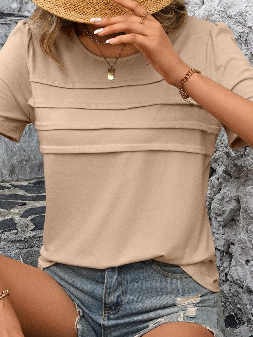 Round Neck Short Sleeve Top - Trendsi - Flyclothing LLC