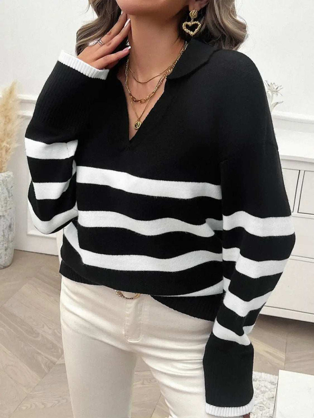 Striped Collared Neck Long Sleeve Sweater - Trendsi - Flyclothing LLC