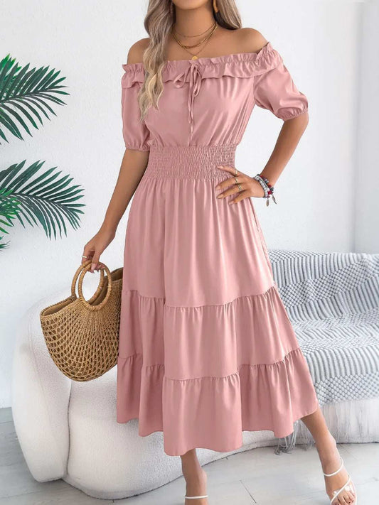 Smocked Off-Shoulder Tiered Dress - Trendsi - Flyclothing LLC