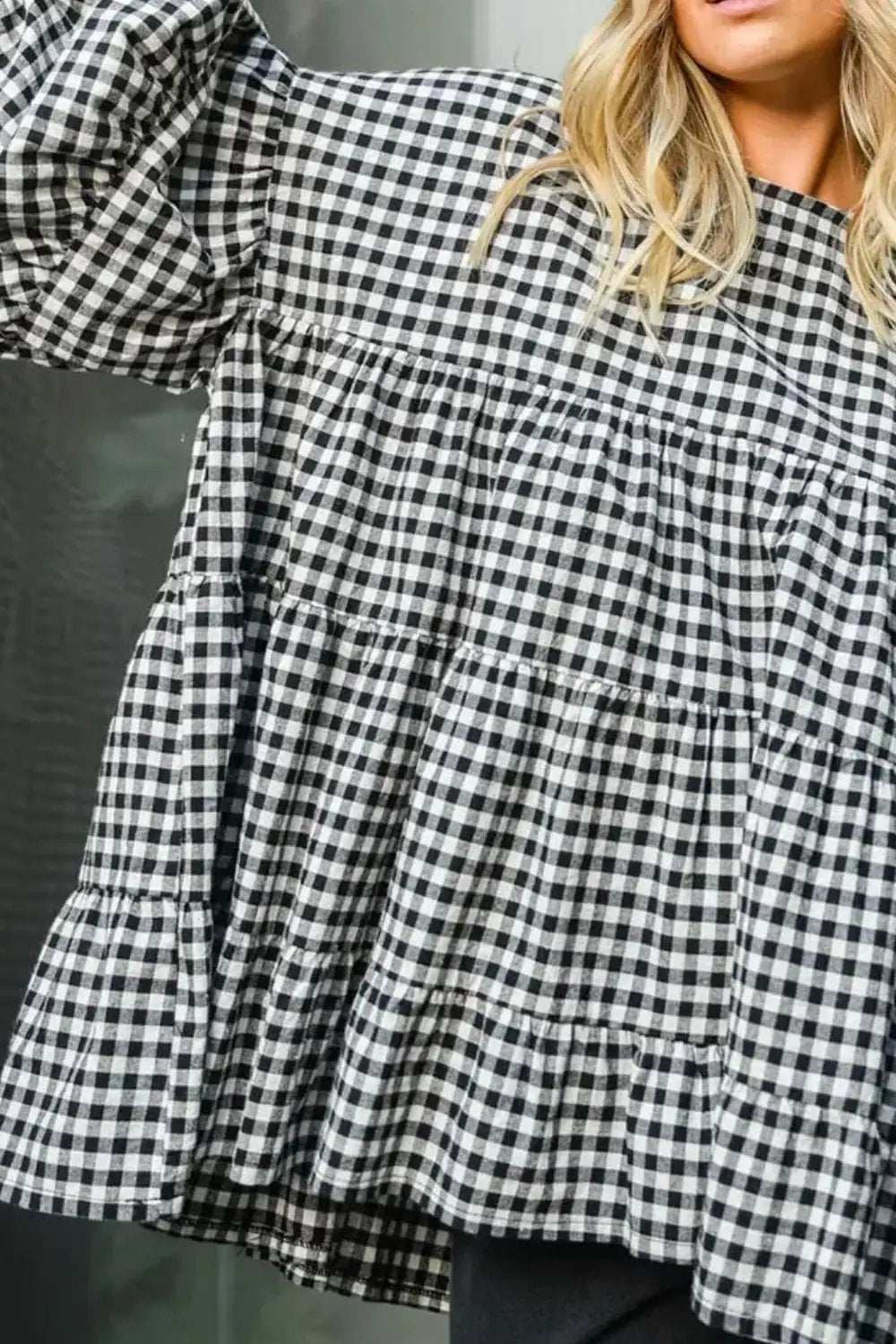 Tiered Plaid Round Neck Long Sleeve Blouse - Trendsi - Flyclothing LLC