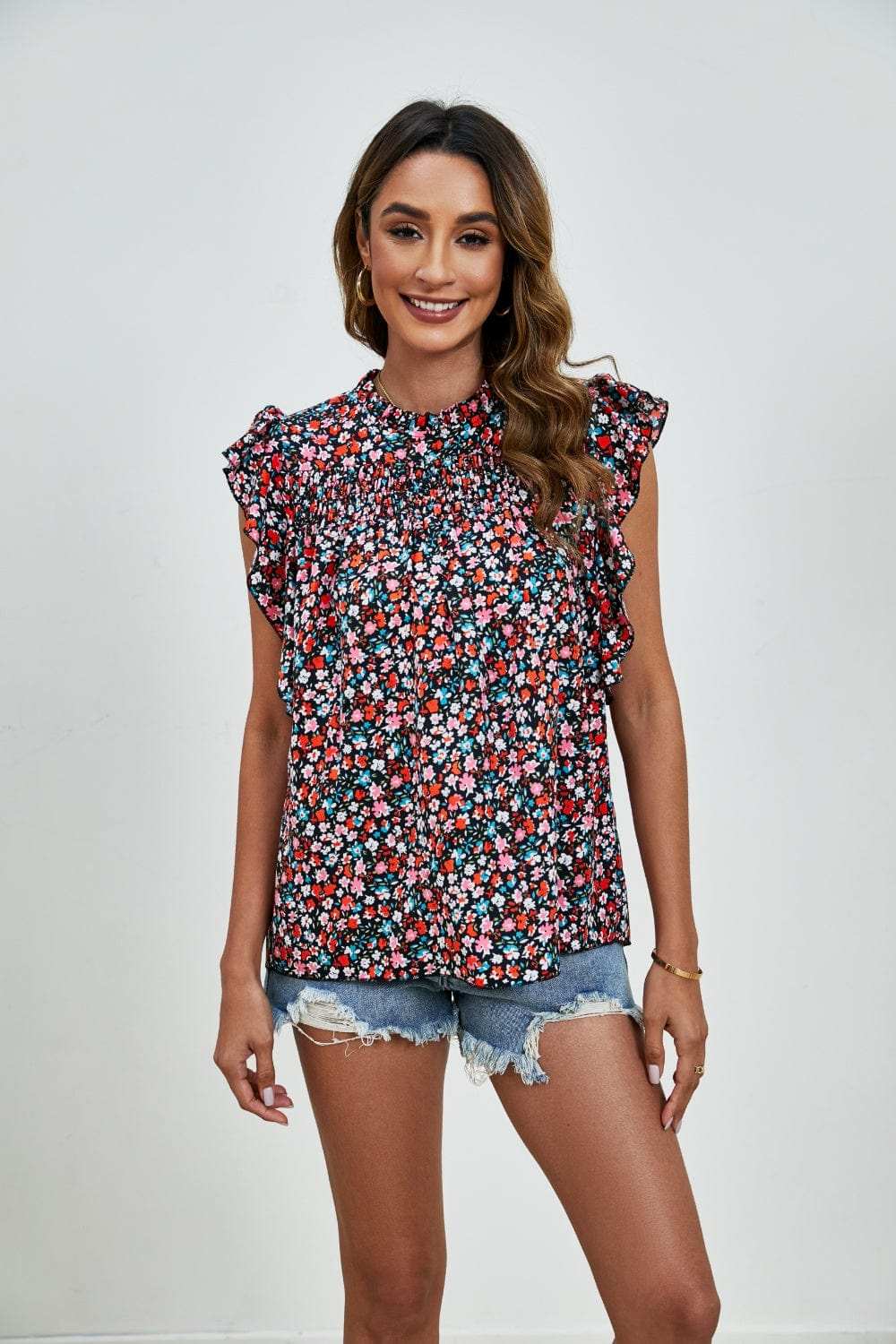 Ruffled Ditsy Floral Mock Neck Cap Sleeve Blouse - Trendsi - Flyclothing LLC