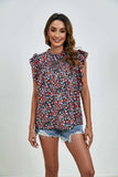 Ruffled Ditsy Floral Mock Neck Cap Sleeve Blouse - Trendsi - Flyclothing LLC