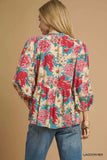 Umgee Mix Floral Peplum Blouse with Tie Neck - Trendsi - Flyclothing LLC