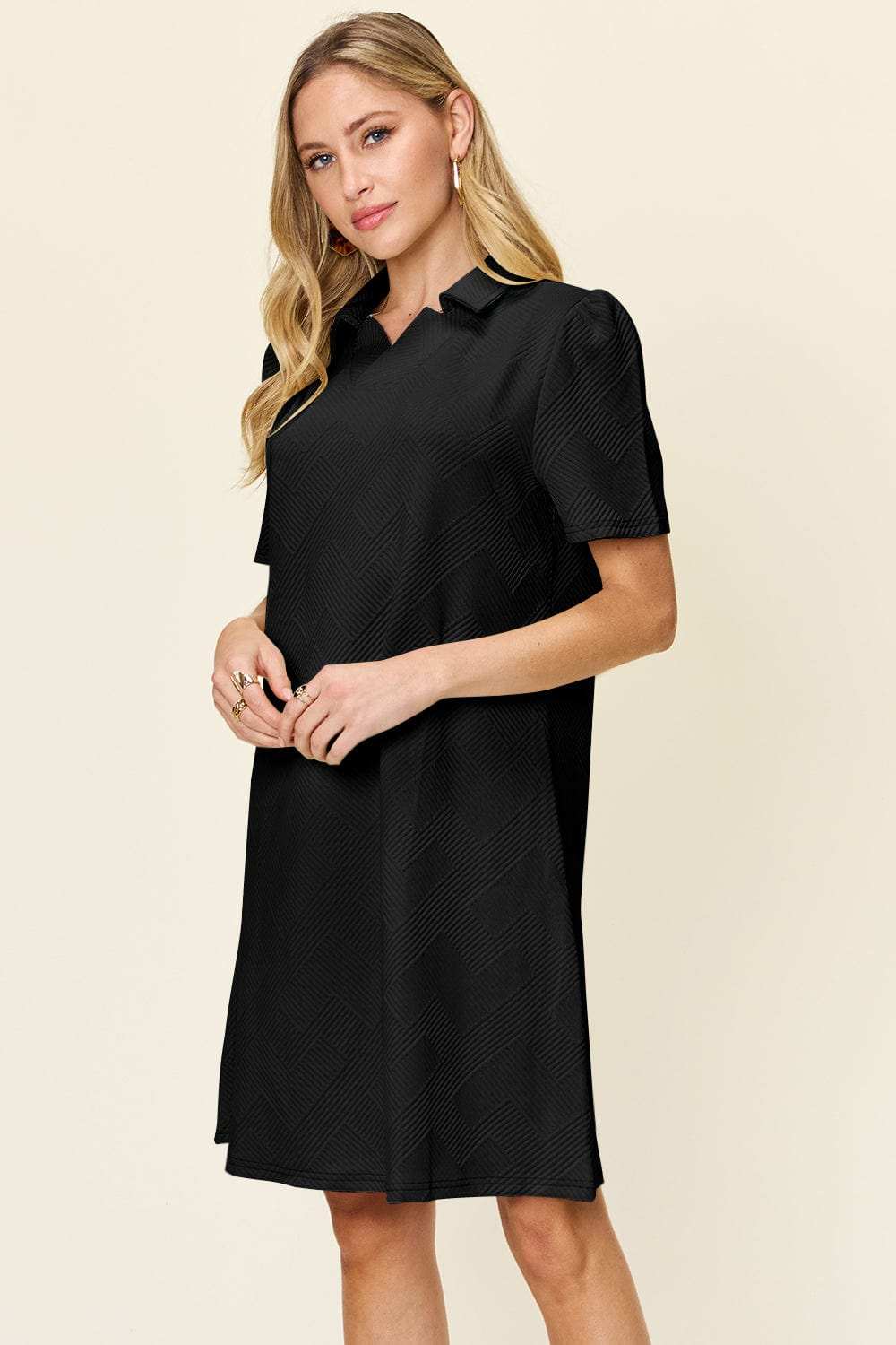 Double Take Full Size Texture Collared Neck Short Sleeve Dress - Trendsi - Flyclothing LLC
