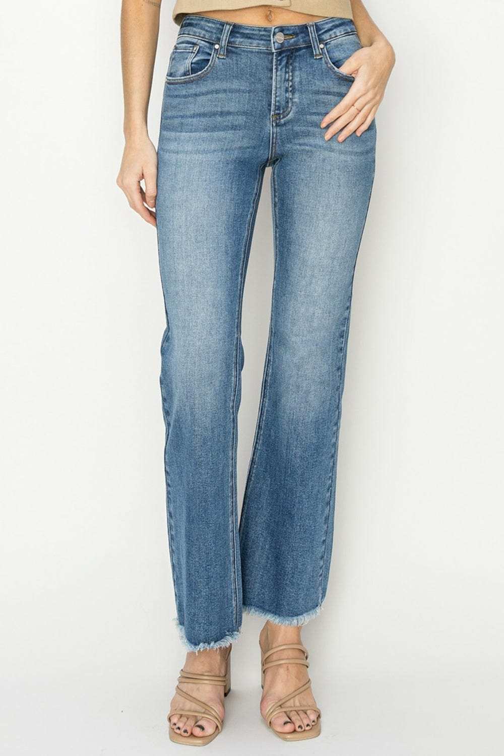 RISEN Mid-Rise Frayed Hem Bootcut Jeans - Trendsi - Flyclothing LLC