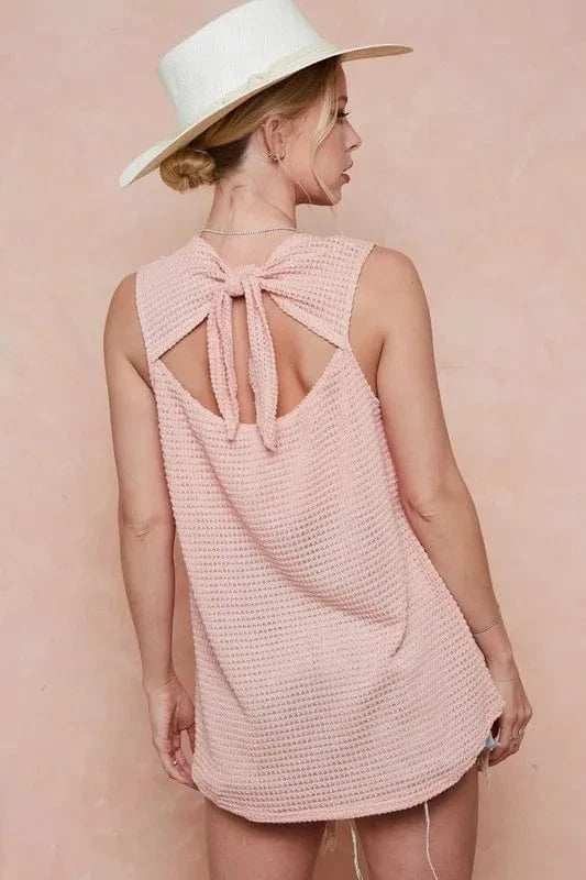 BiBi Popcorn Waffle Open Back Top with Tied Ribbon - Trendsi - Flyclothing LLC