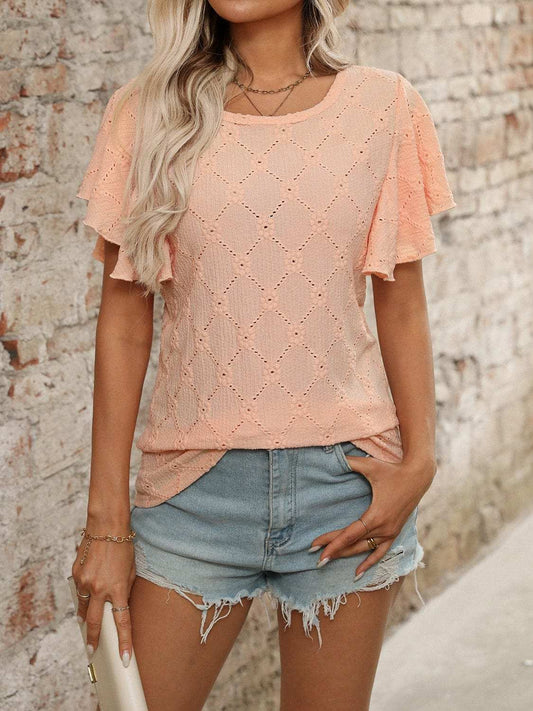 Eyelet Round Neck Flutter Sleeve Top - Trendsi - Flyclothing LLC