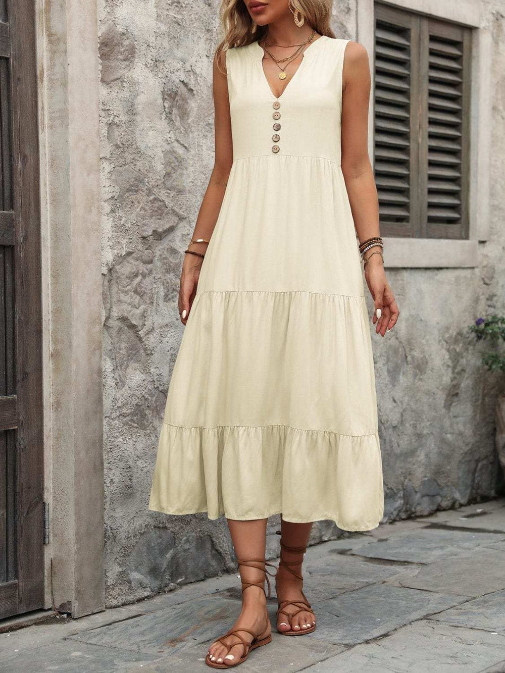 Decorative Button Notched Sleeveless Dress - Trendsi - Flyclothing LLC