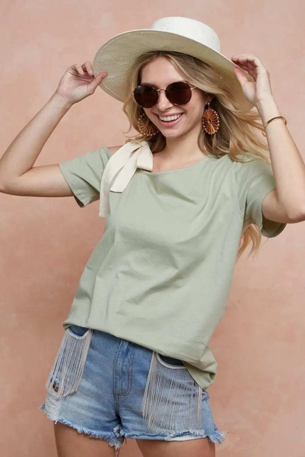 BiBi Tied Ribbon One Shoulder Short Sleeve T-Shirt - Trendsi - Flyclothing LLC