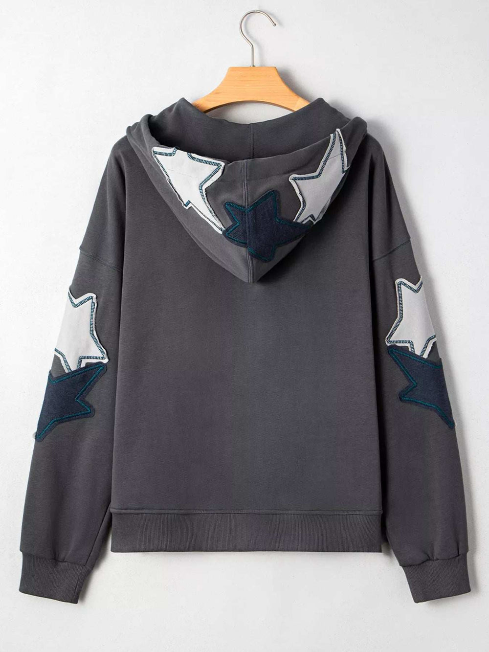 Star Patchwork Contrast Stitching Mineral Wash Kangaroo Pocket Hoodie - Trendsi - Flyclothing LLC