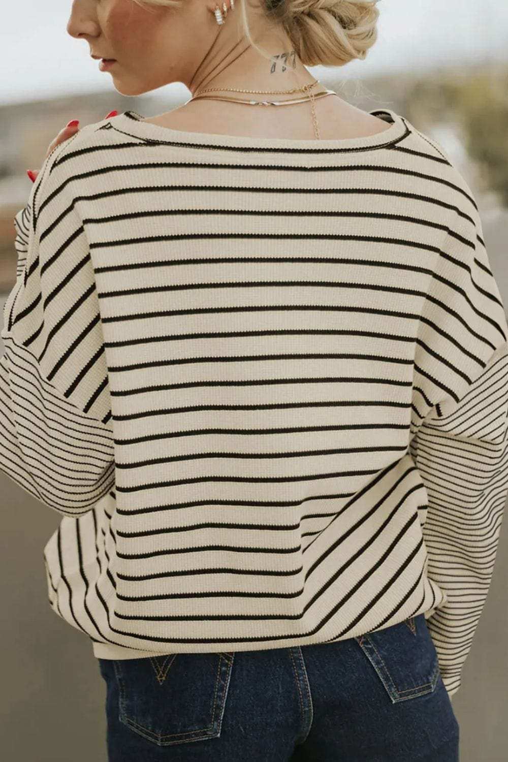 Striped Round Neck Dropped Shoulder Top - Trendsi - Flyclothing LLC