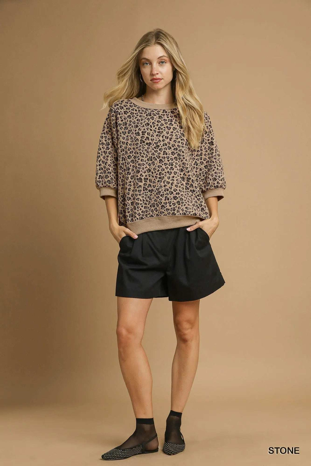 Umgee Leopard Knit Jacquard Puff Sleeve Sweatshirt - Trendsi - Flyclothing LLC