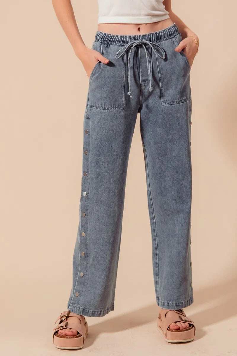 SO ME Mid Rise Drawstring Jeans with Side Snap Button - Trendsi - Flyclothing LLC
