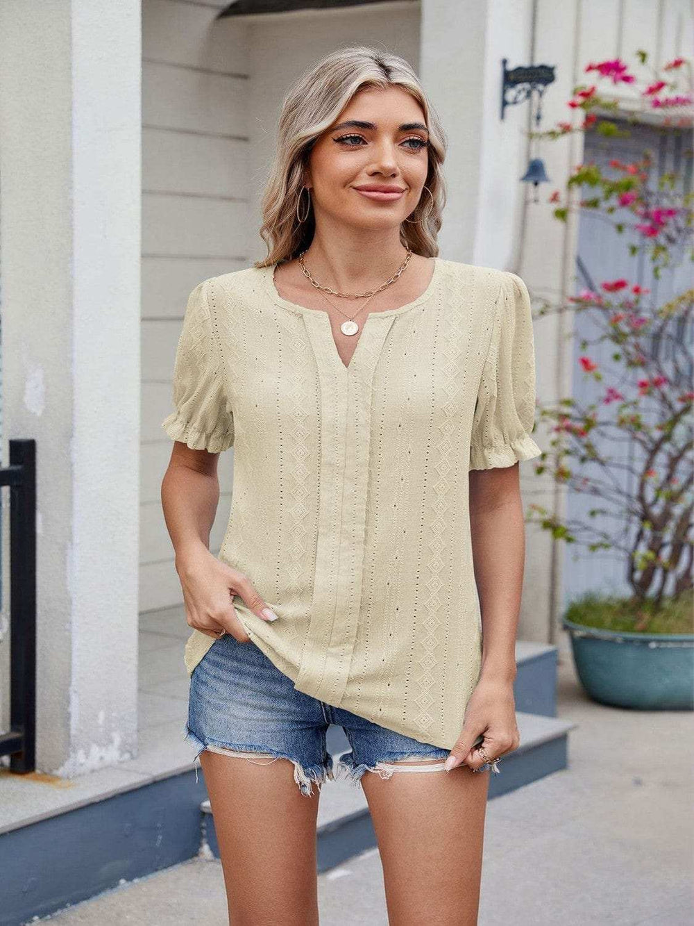 Eyelet Notched Short Sleeve Top - Trendsi - Flyclothing LLC