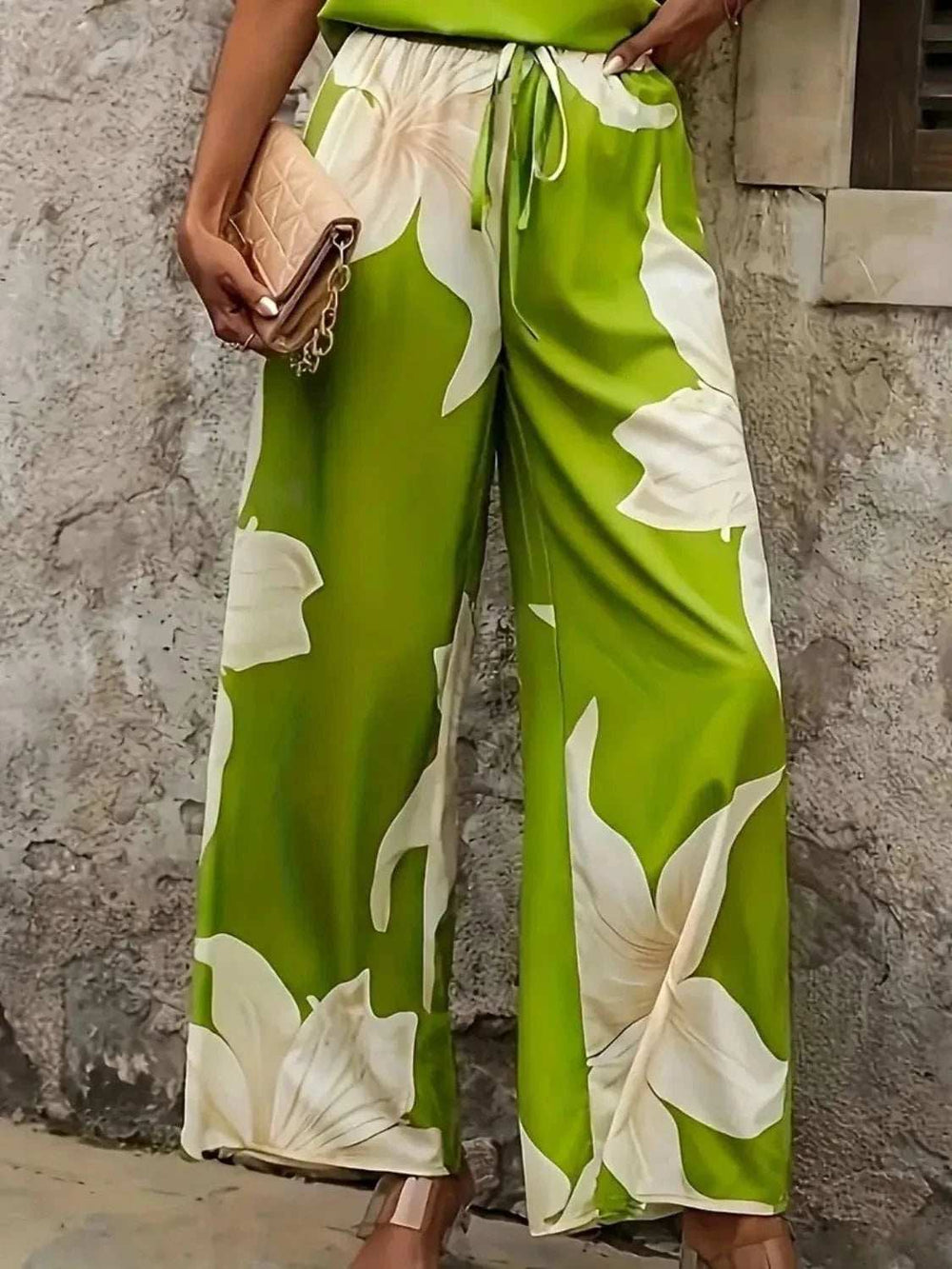Printed V-Neck Top and Wide Leg Pants Set - Trendsi - Flyclothing LLC