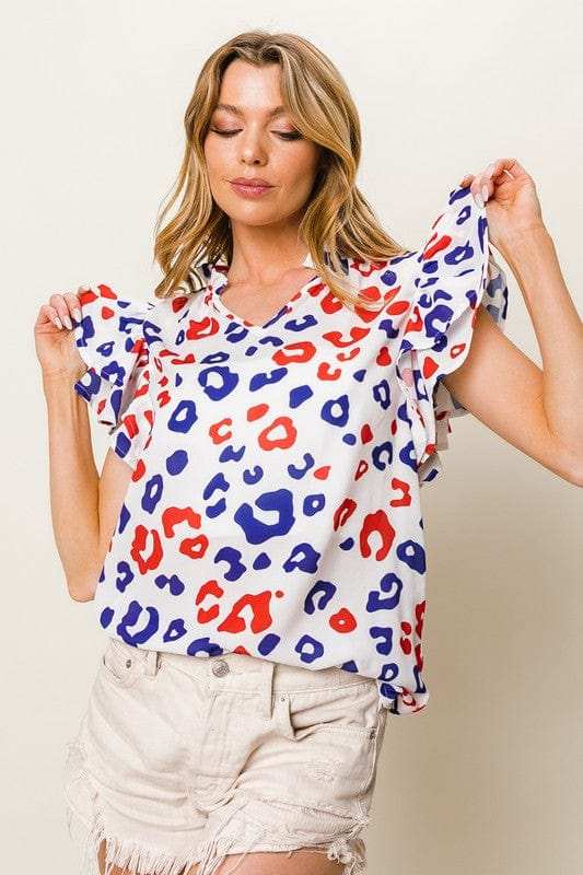 BiBi Leopard Notched Ruffled Cap Sleeve Blouse - Trendsi - Flyclothing LLC
