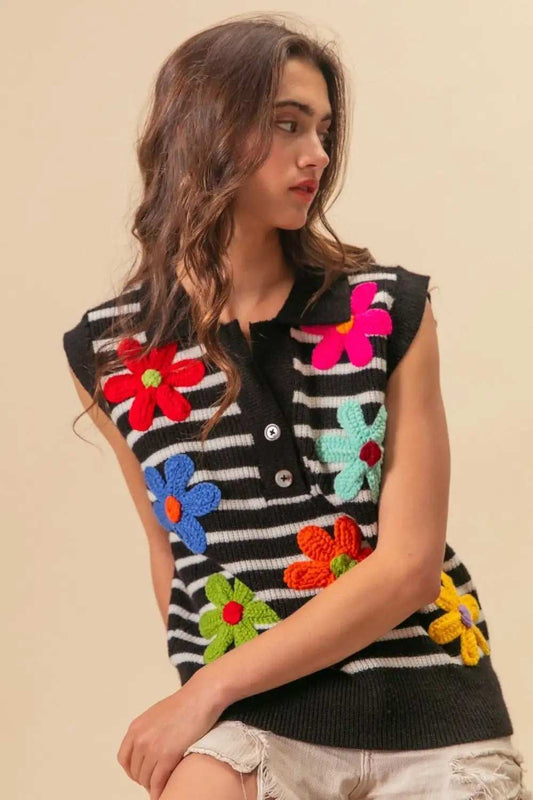 BiBi Flower Patch Striped Half Button Sweater Vest - Trendsi - Flyclothing LLC