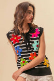 BiBi Flower Patch Striped Half Button Sweater Vest - Trendsi - Flyclothing LLC