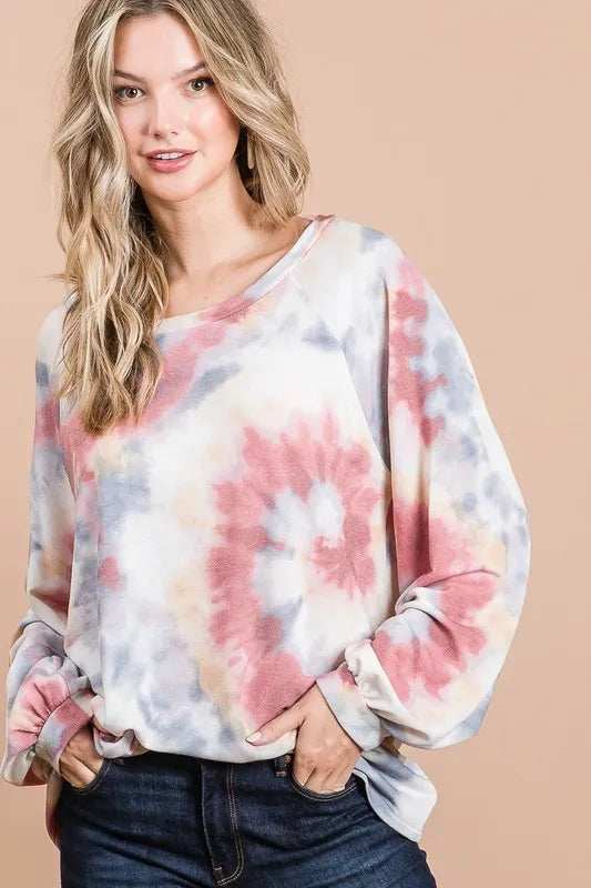BiBi Tie Dye Print Terry Top With Puff Sleeves - Trendsi - Flyclothing LLC