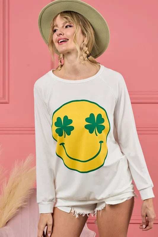 BiBi Smile Face Graphic Round Neck Long Sleeve Top - Trendsi - Flyclothing LLC