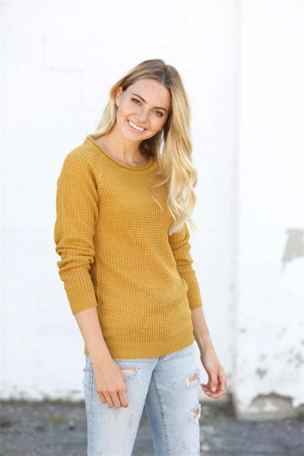 Round Neck Raglan Sleeve Sweater - Trendsi - Flyclothing LLC