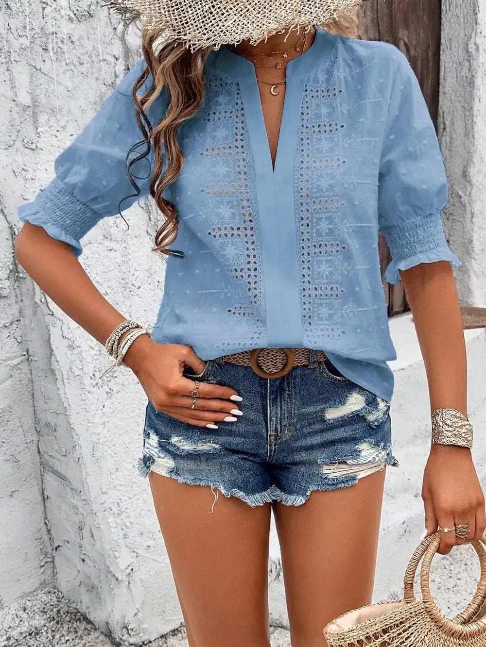 Eyelet Notched Flounce Sleeve Blouse - Trendsi - Flyclothing LLC