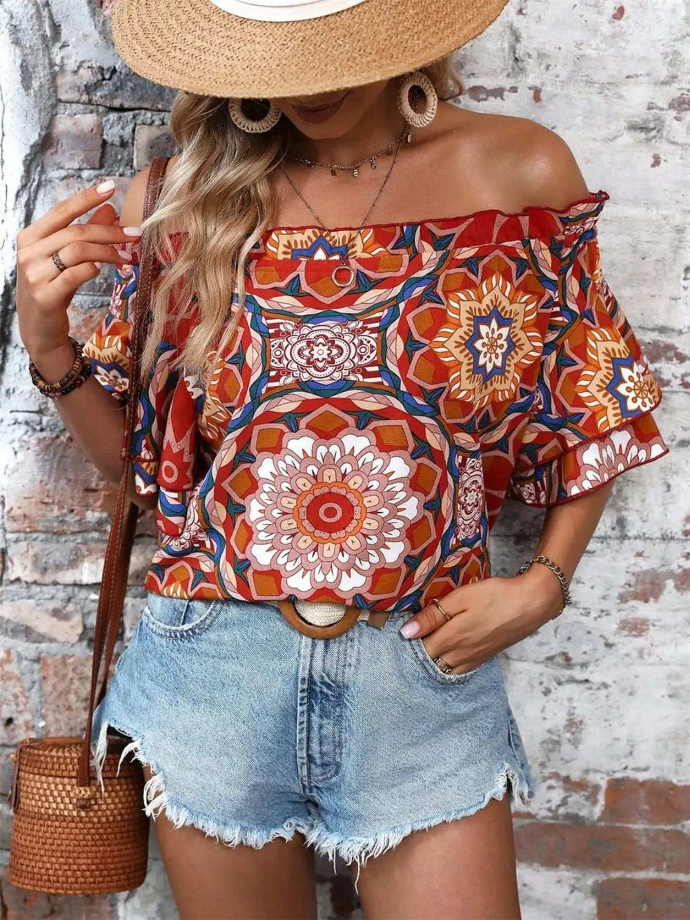 Printed Off-Shoulder Half Sleeve Blouse - Trendsi - Flyclothing LLC