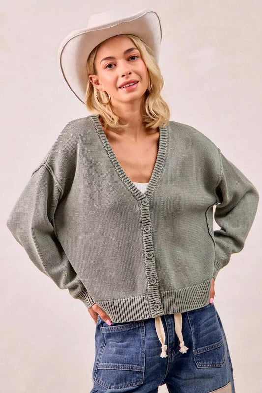 BiBi Washed Sweater V Neck Cardigan - Trendsi - Flyclothing LLC