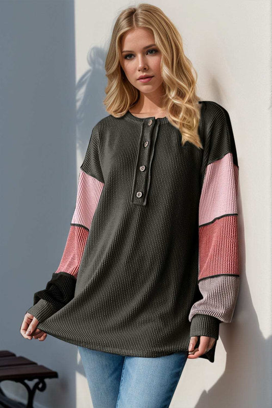 Double Take Full Size Color Block Round Neck Long Sleeve T-Shirt - Trendsi - Flyclothing LLC