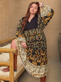 Plus Size Floral V-Neck Balloon Sleeve Midi Dress - Trendsi - Flyclothing LLC